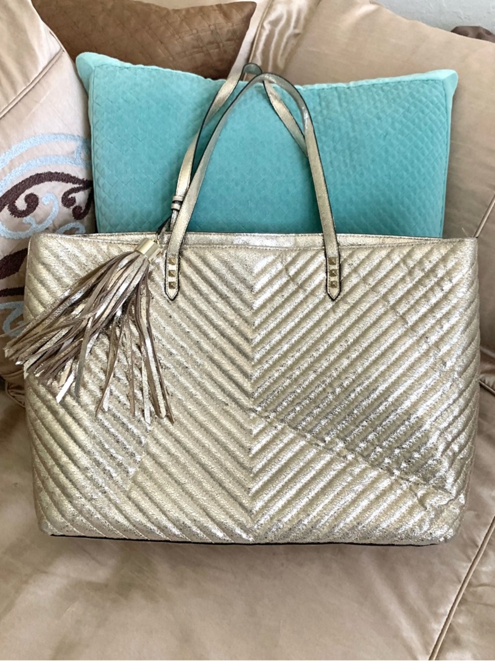 Victoria’s Secret Gold Metallic Crackle Large Quilted Tote Bag with Tassel
